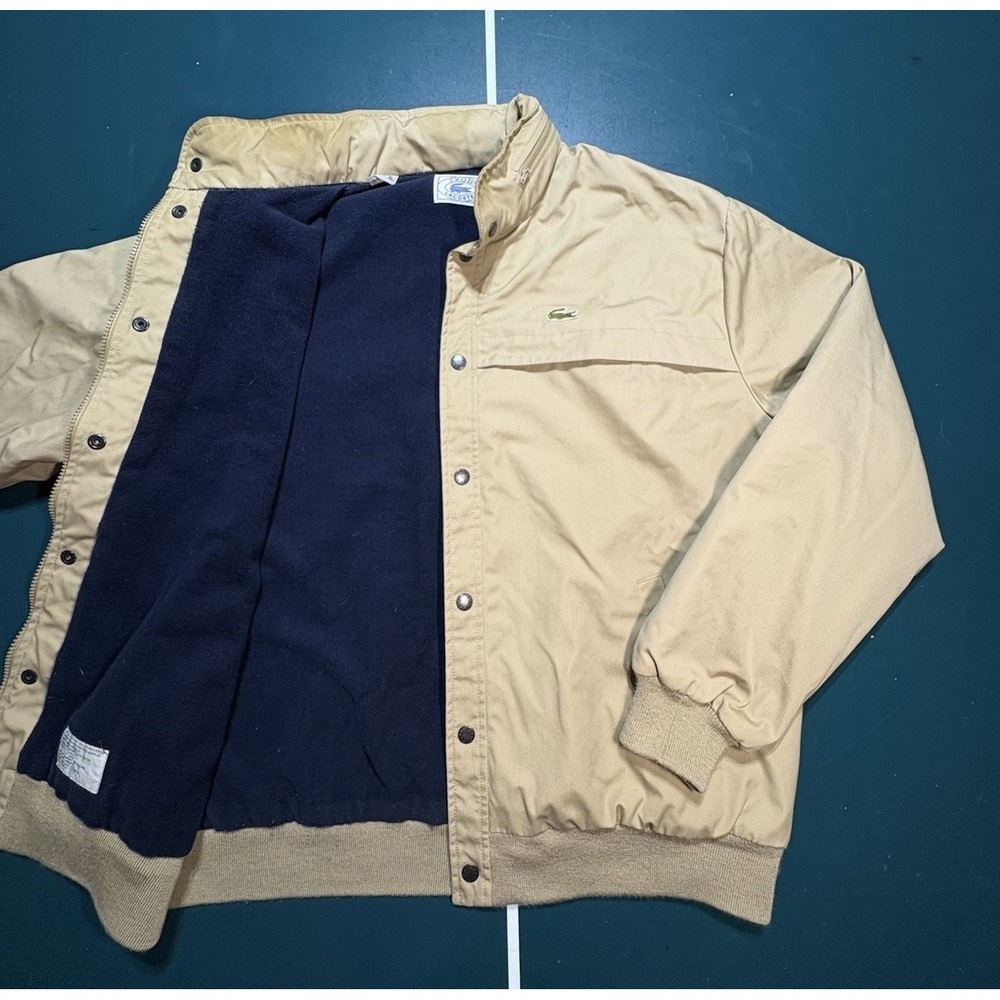 Vintage 70s Izod Lacoste Bomber Jacket Mens XL Beige Fleece Lined Packable Hood - Picture 2 of 16